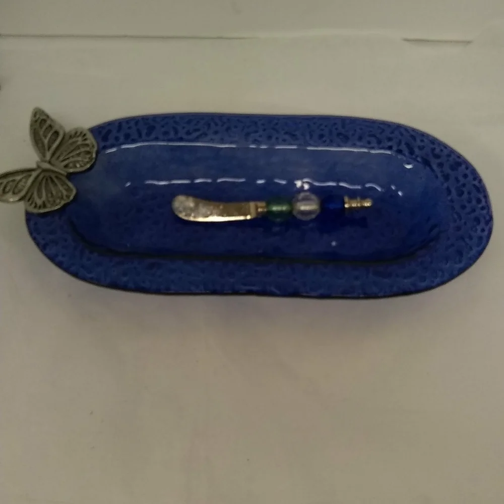 CYPRESS Server Cobalt Blue Glass Oval Platter  with Gemstone Spreader